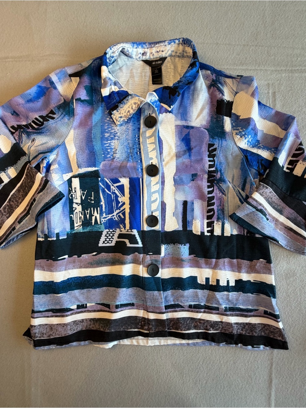 Vintage Ali Miles Blue, Black, White & Tan Abstract Button-Down Shirt L